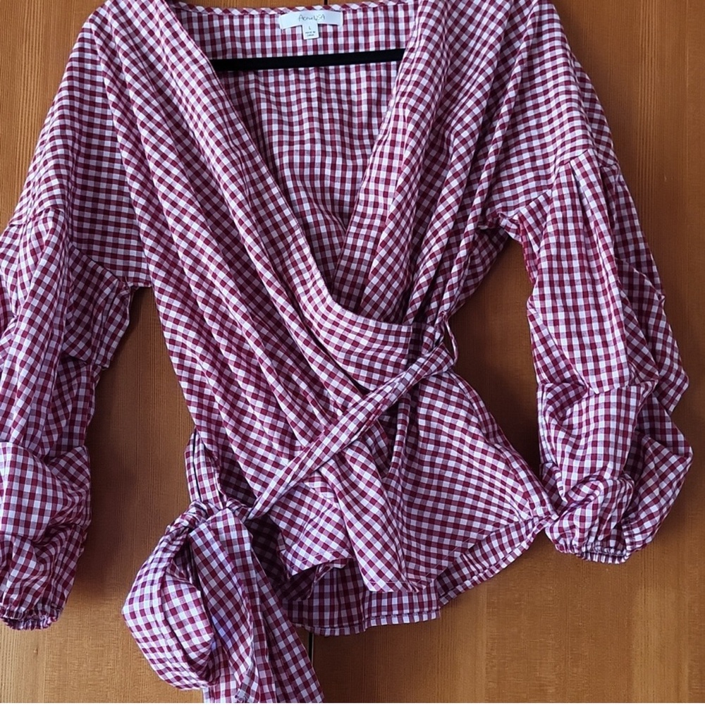 Active USA Red Gingham Tie Front Top. Fit medium. Burgundy color.